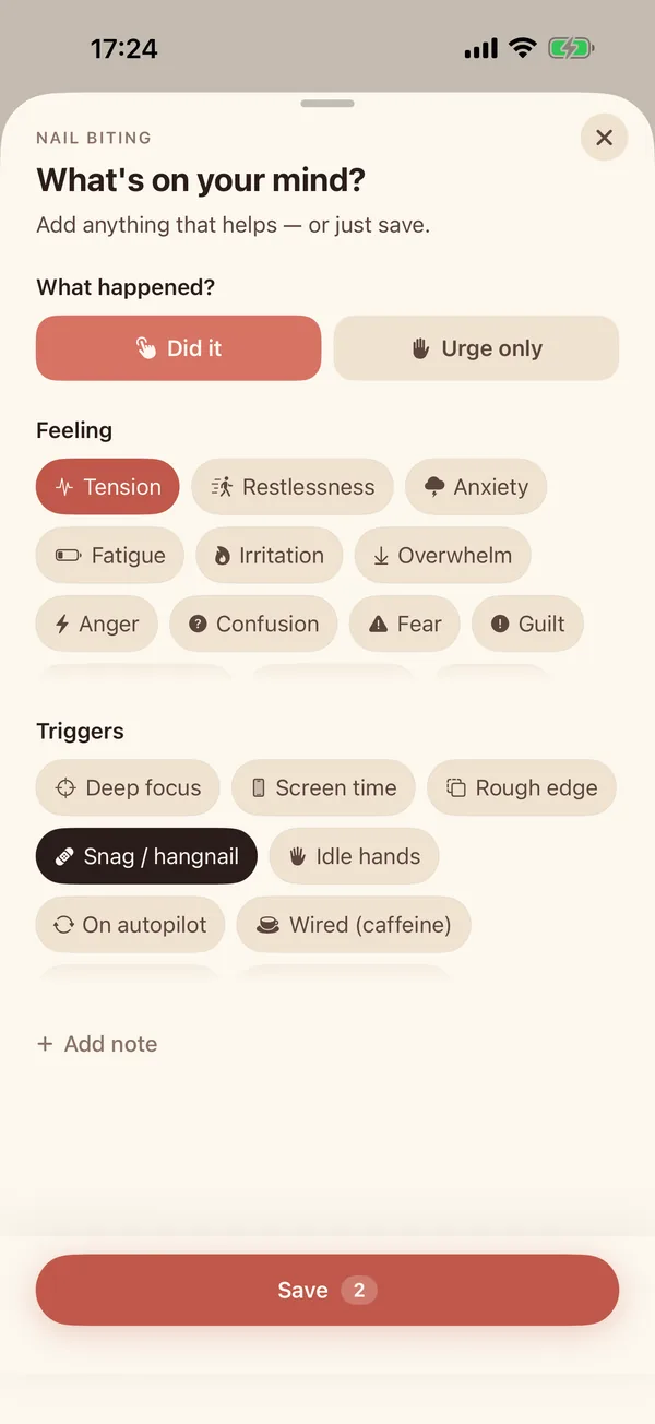 Logging screen: Did it or Urge only, then feelings and triggers