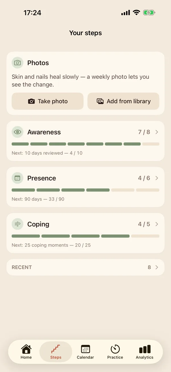 Steps: milestones for entries, days and coping moments
