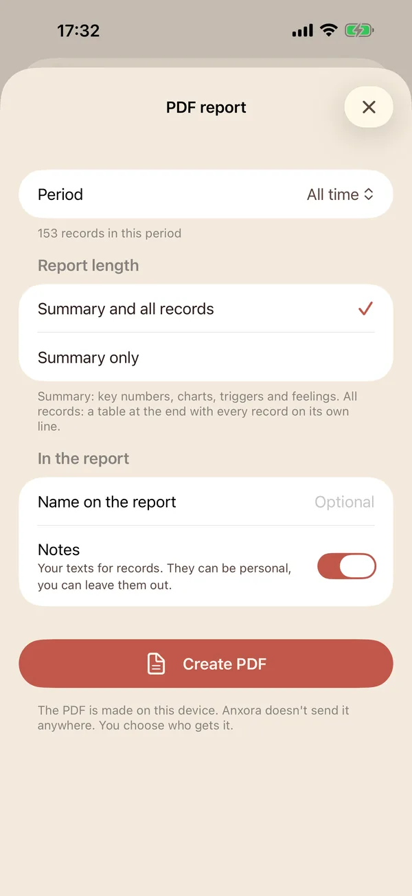 PDF report settings: period, summary or all records, created on the device