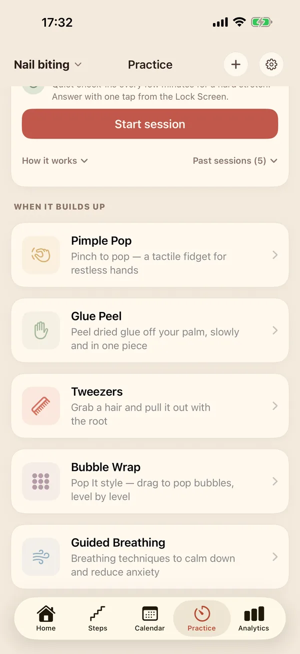 Practice tab: Pimple Pop, Glue Peel, Tweezers, Bubble Wrap and Guided Breathing