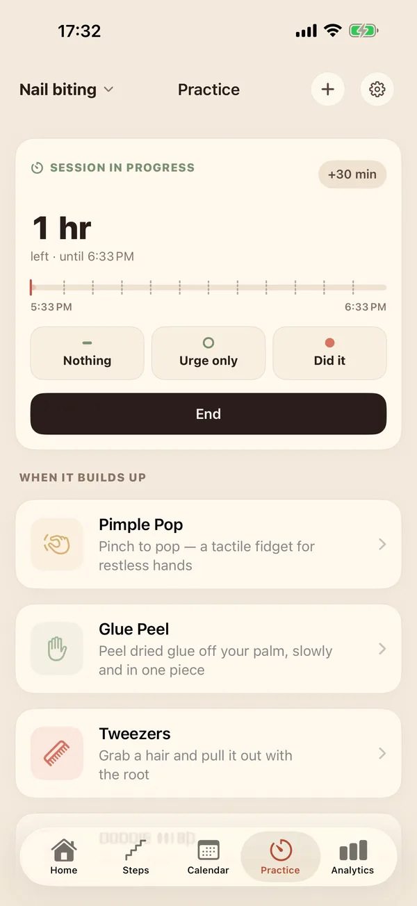 An awareness session in progress with one-tap answers: Nothing, Urge only, Did it