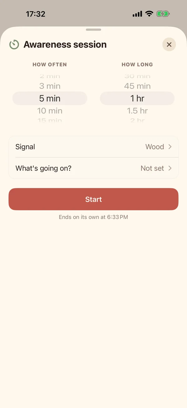 Starting an awareness session: how often to check in and for how long