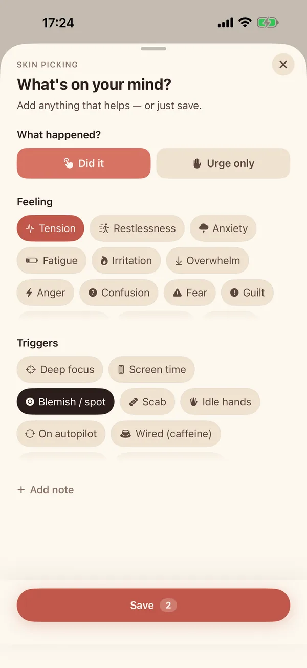 Logging screen: Did it or Urge only, then feelings and triggers