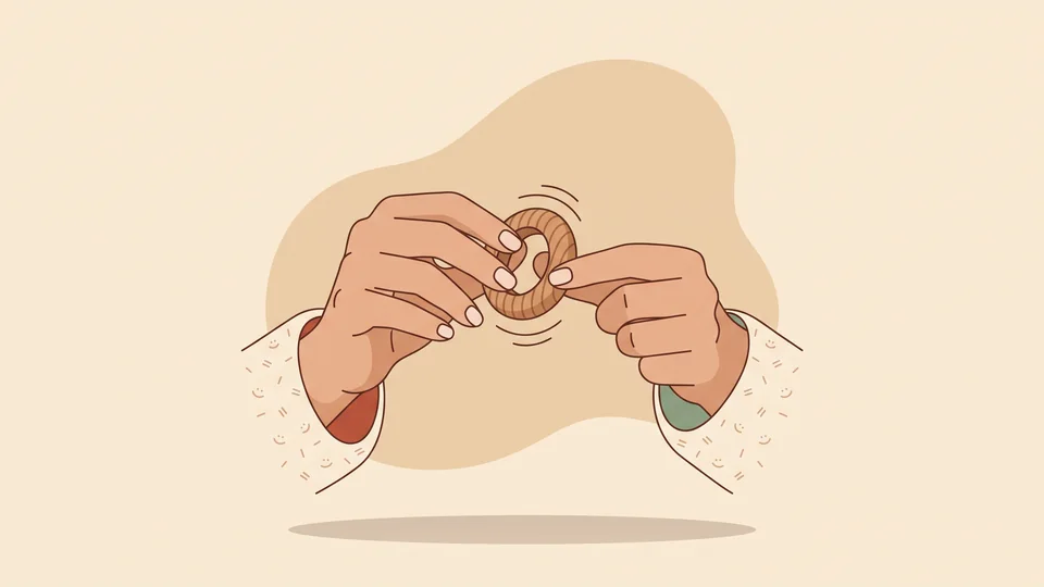 Two relaxed hands turning a small textured object