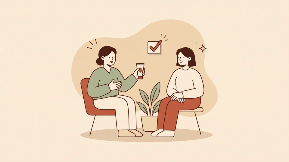 Two people talking calmly, one holding a tube of cream