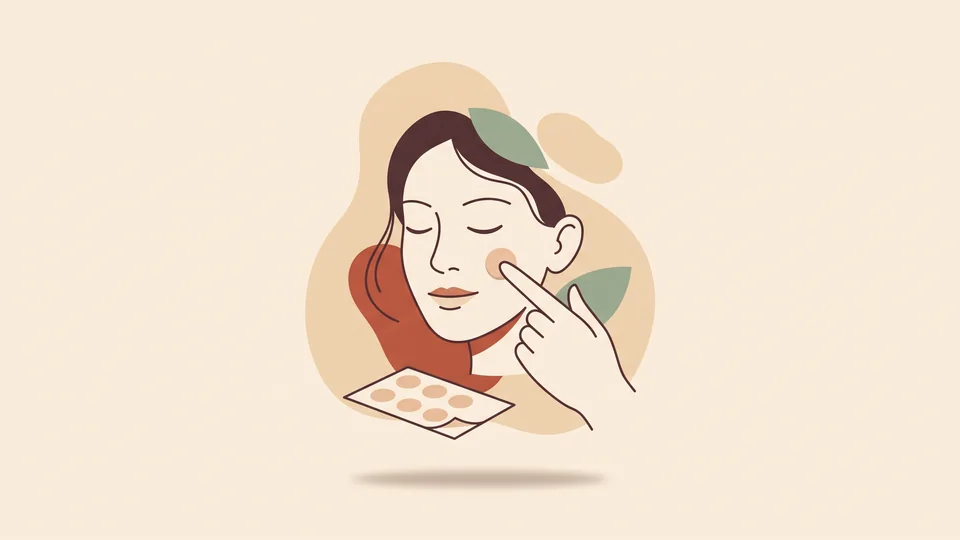 A hand pressing a small round patch onto a cheek
