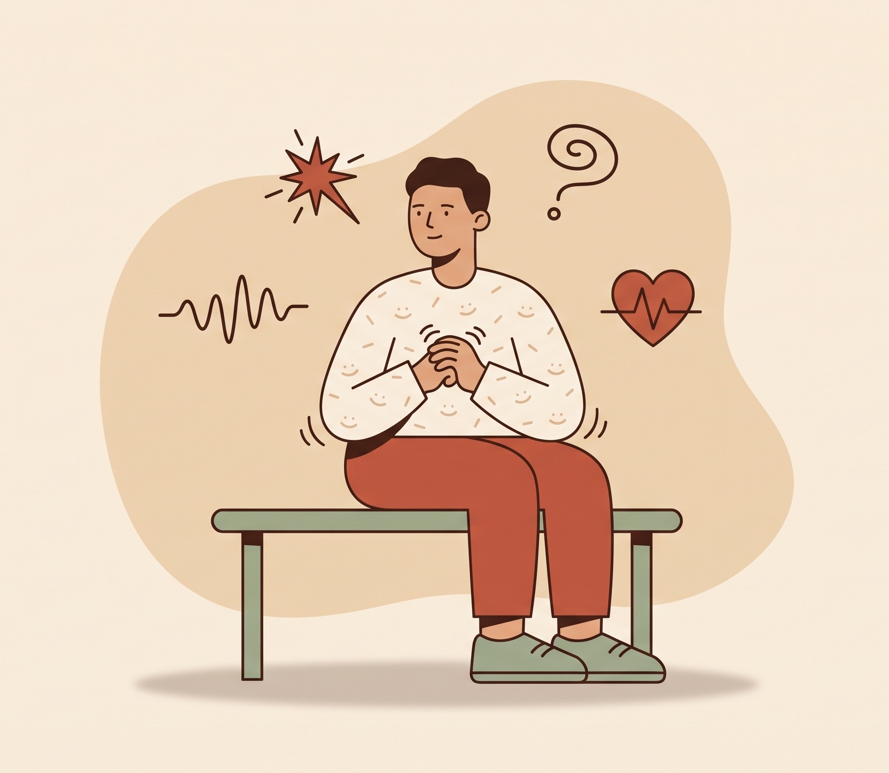 A person sitting on a bench, hands clasped in their lap, riding out an urge