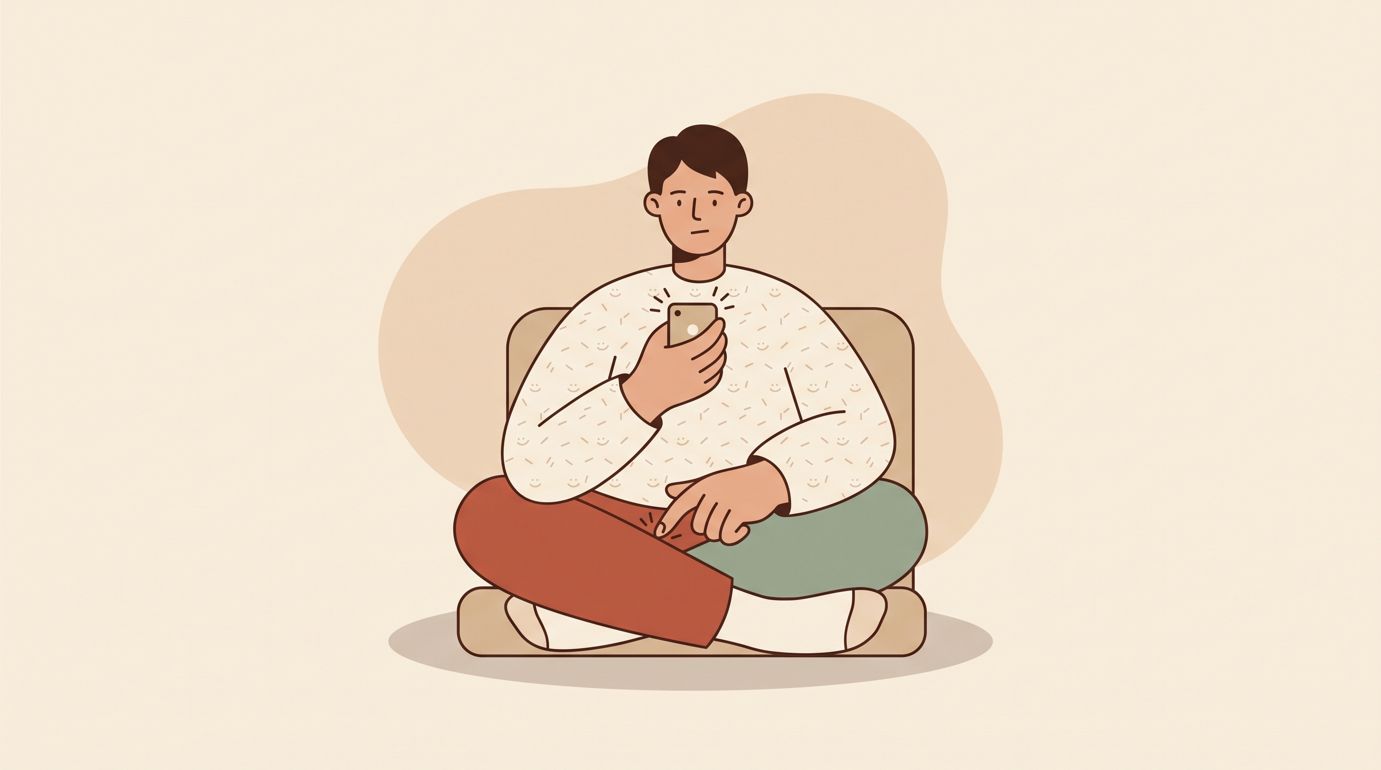 A person sitting cross-legged, scrolling a phone