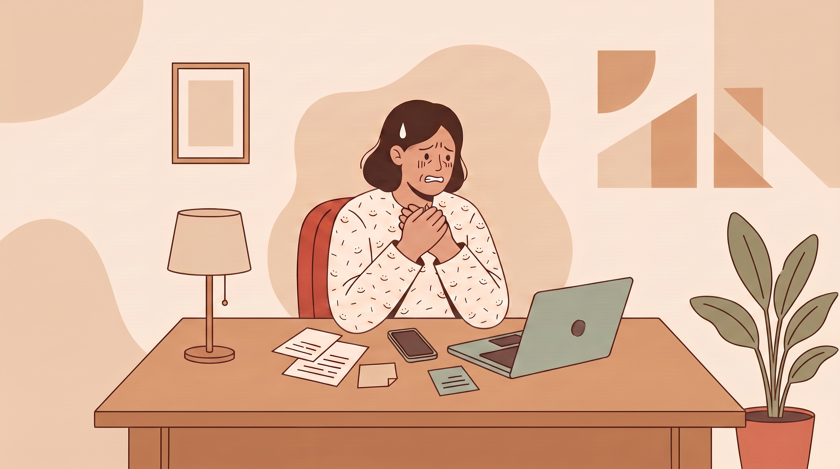 A person at a cluttered desk, hands clasped tight