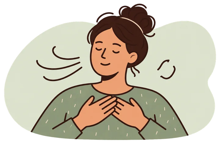 A person with eyes closed, hands on chest, breathing slowly