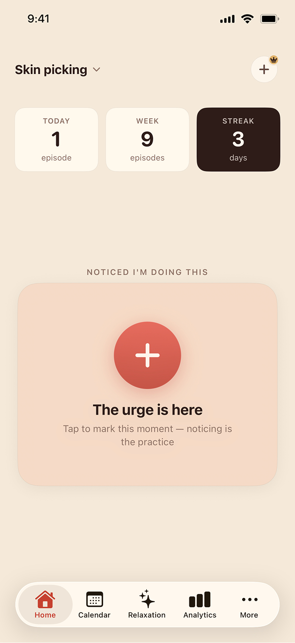 Anxora home screen — a single large button reading 'The urge is here', tap to mark the moment