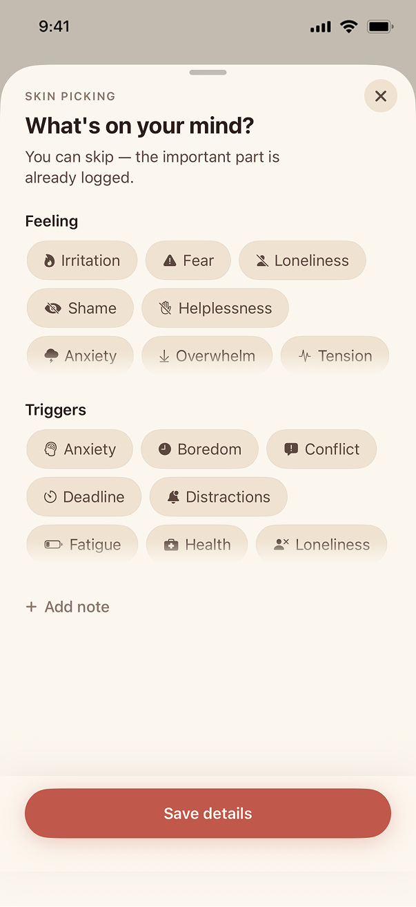 Optional details sheet — pick a feeling and trigger, or skip