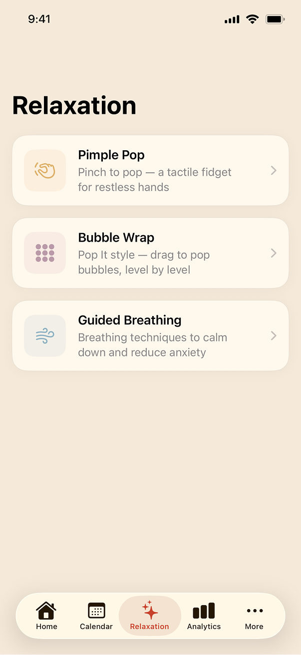 Relaxation tools — Pimple Pop, Bubble Wrap, Guided Breathing